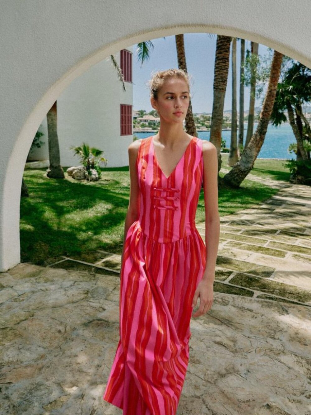 ZARA Striped Frog Fastening Midi Dress Pink Red Cotton Summer Boho Resort XS NWT